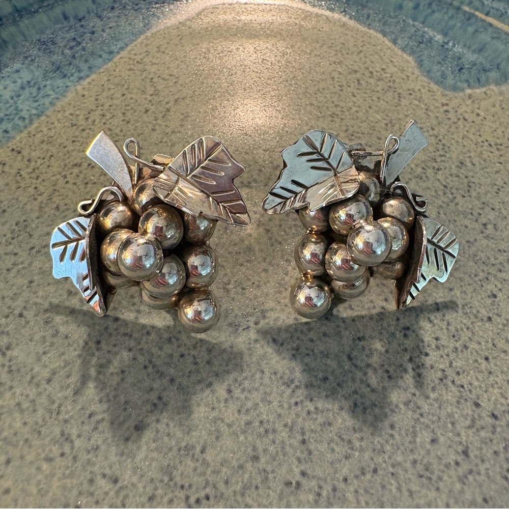 Taxco Sterling Grape Cluster Clip-on Earrings